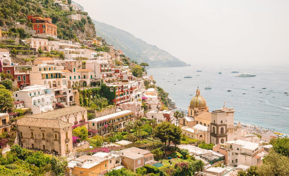 View of the town of Positano with flowers